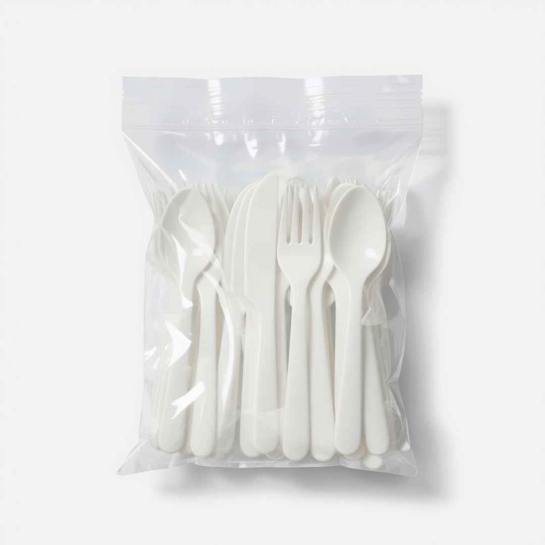Trifásico blanco (cuchara + cuchillo + tenedor) – Paquete x50 juegos