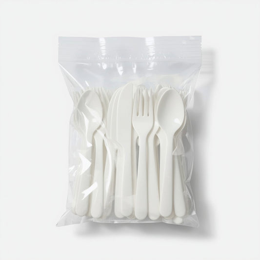 Trifásico blanco (cuchara + cuchillo + tenedor) – Paquete x50 juegos